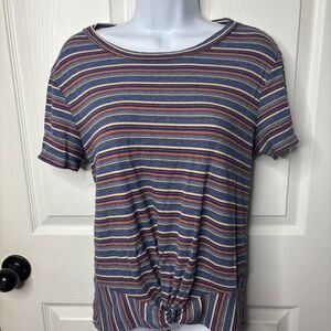 Fasis Medium Striped Twist Front Knit Short Sleeve Top Multicolor Boho